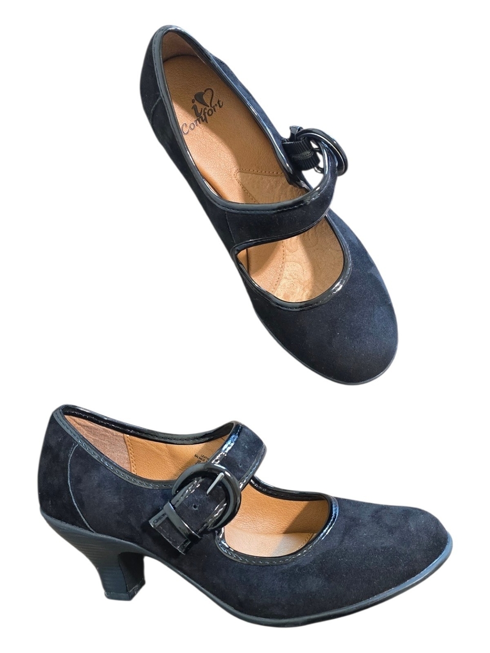 iComfort Black Suede Mary Jane Kitten Heels Buckle Strap Shoes 7.5 Retro Goth